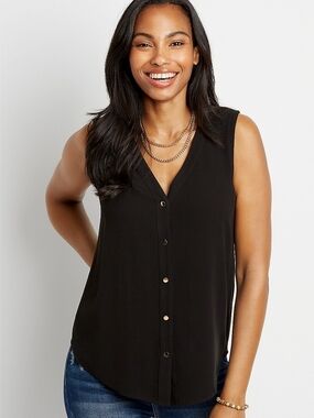 Maurices Black Sleeveless V-Neck Button Front Tank